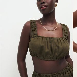 Reformation dark olive green linen crop top size xs never worn